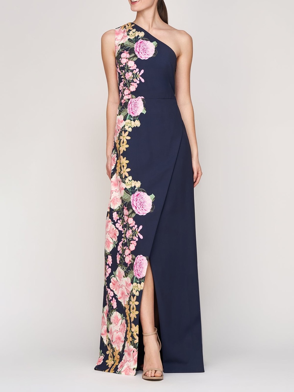 Kay Unger Navy One-Shoulder Floral Evening Gown with Pink and Yellow Accents